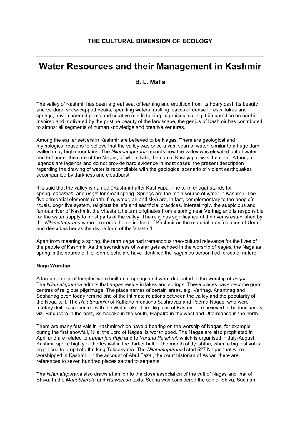 Water Resources and Their Management in Kashmir