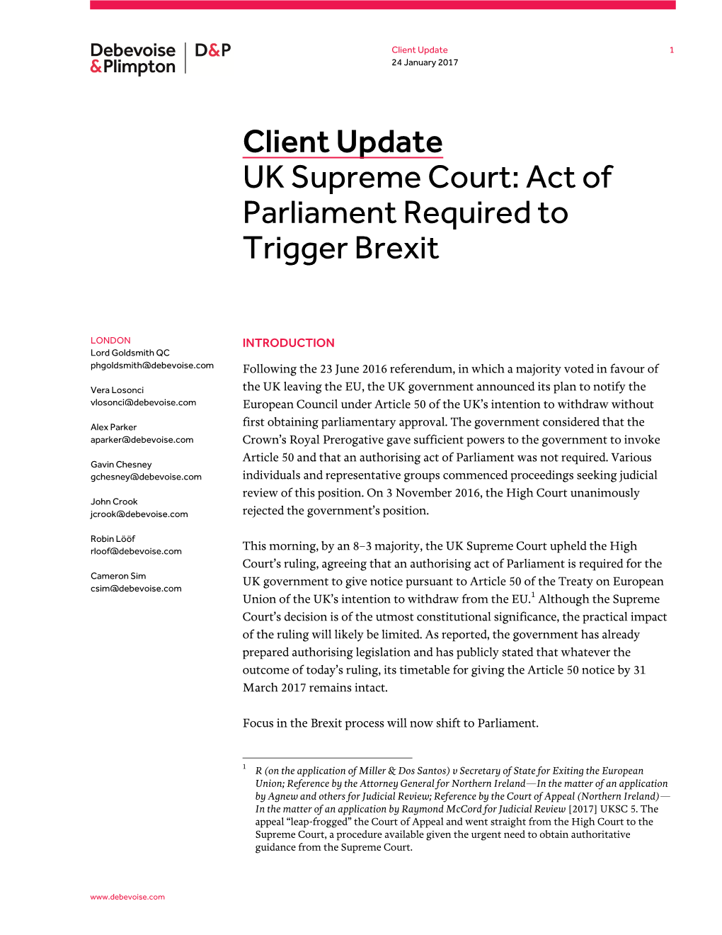 Client Update UK Supreme Court: Act of Parliament Required to Trigger Brexit