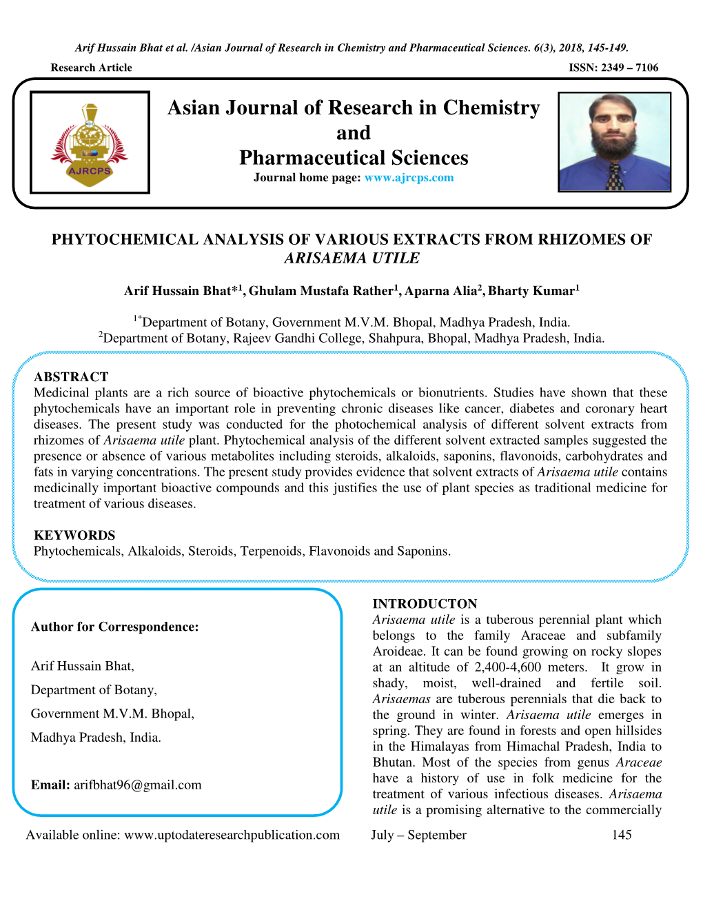 Phytochemical Analysis of Various Extracts from Rhizomes of Arisaema Utile