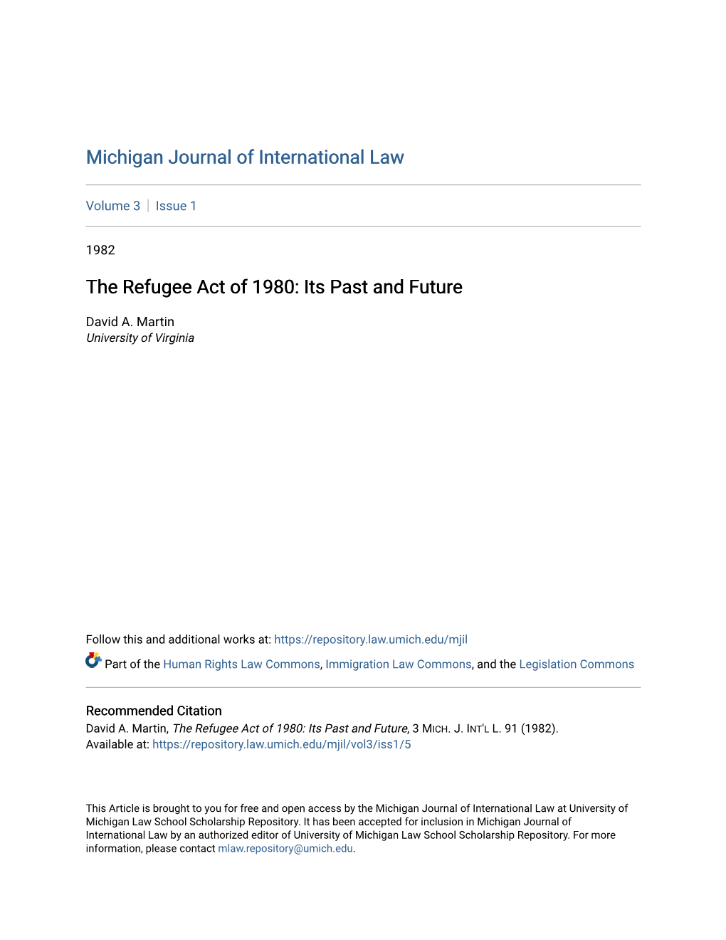 The Refugee Act of 1980: Its Past and Future