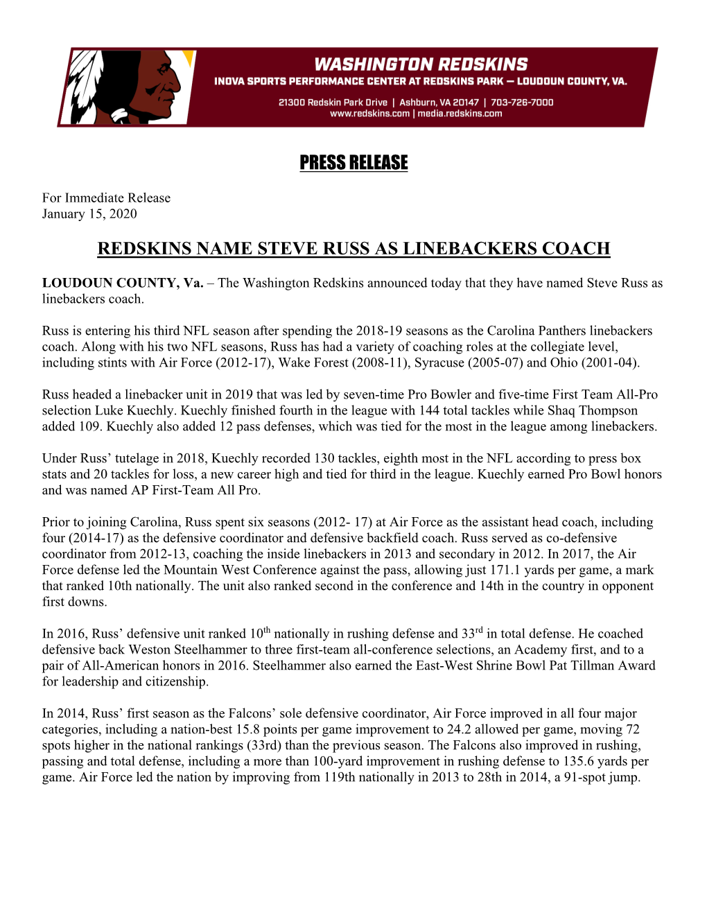 Press Release Redskins Name Steve Russ As