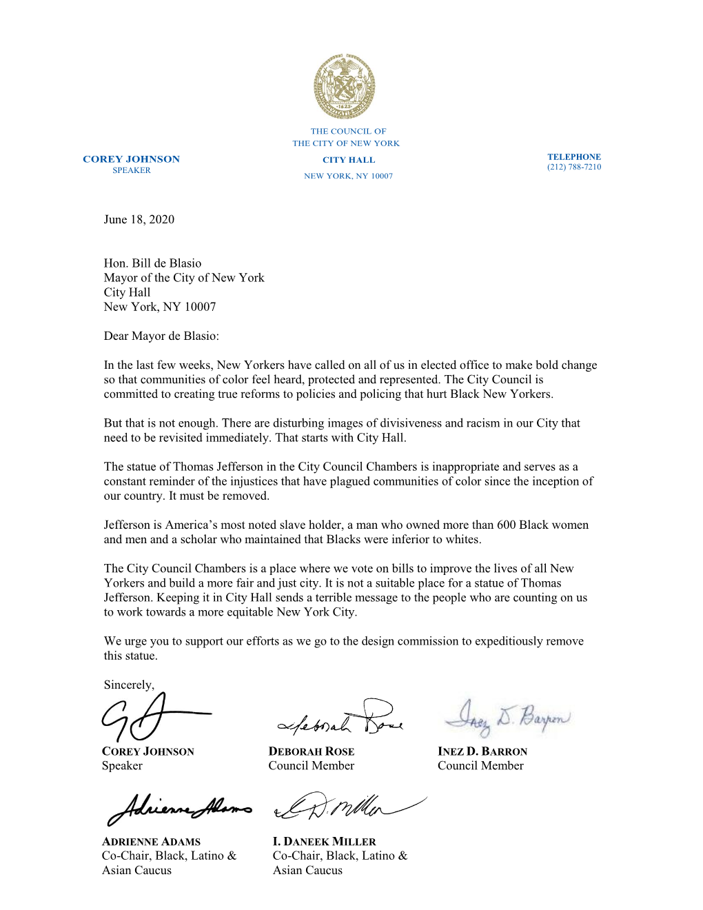 Letter to Mayor De Blasio