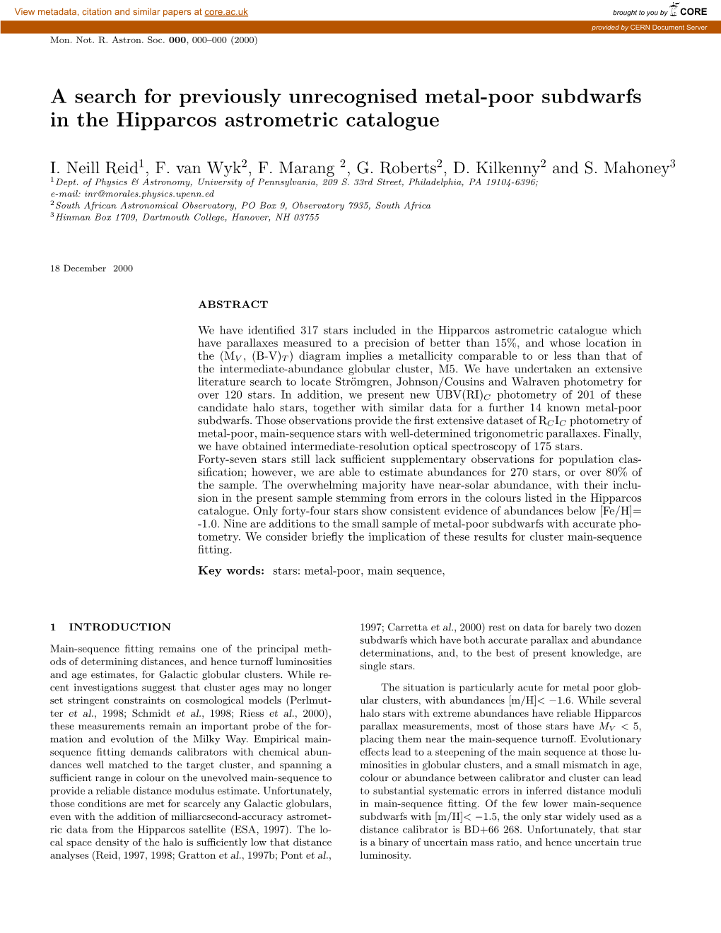 A Search for Previously Unrecognised Metal-Poor Subdwarfs in the Hipparcos Astrometric Catalogue