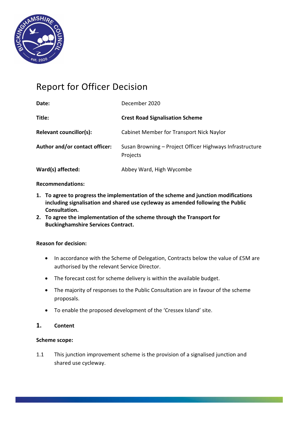 Crest Road Signalisation Officer Decison Report December 2020 Final.Pdf PDF 527 KB