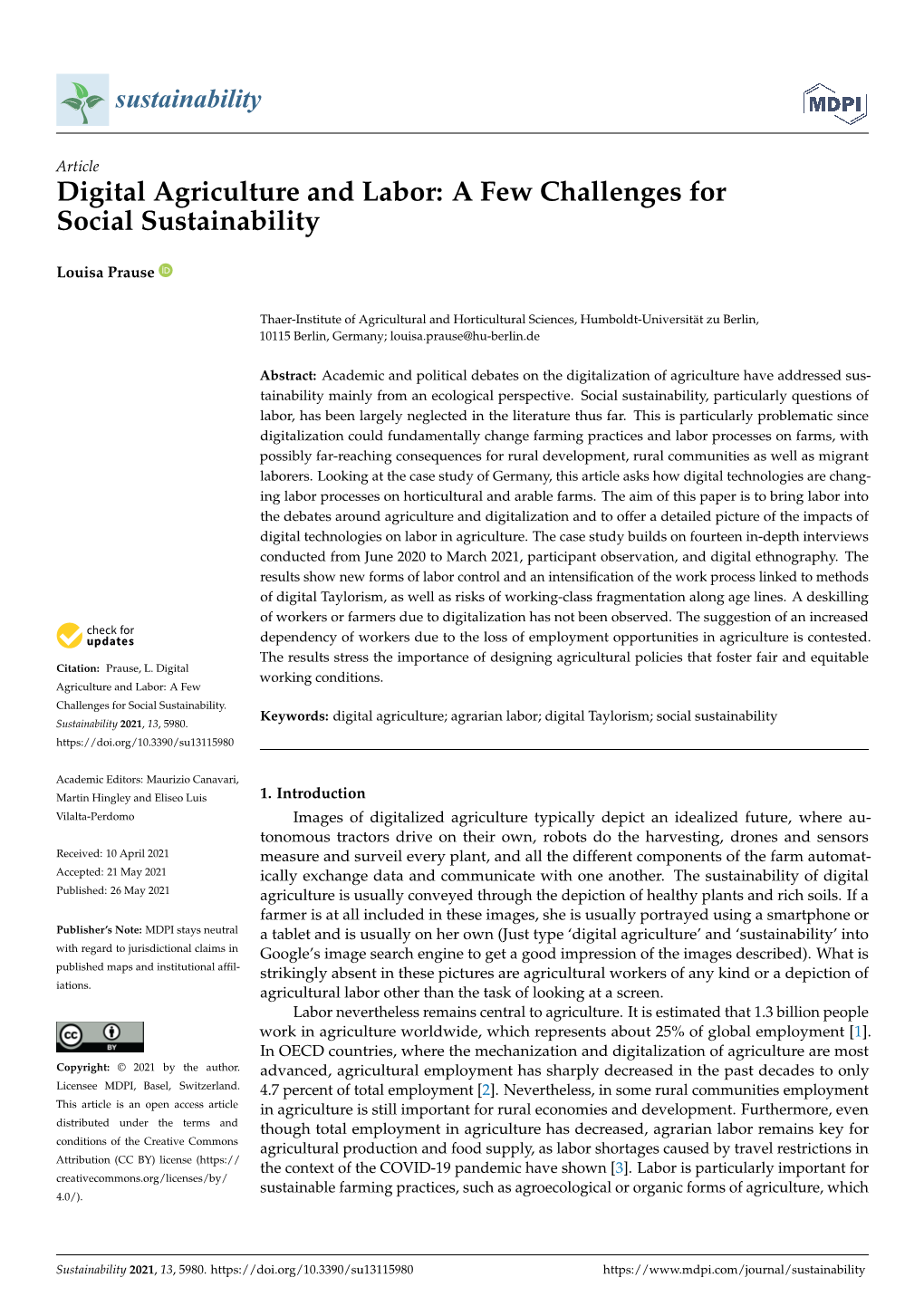 Digital Agriculture and Labor: a Few Challenges for Social Sustainability