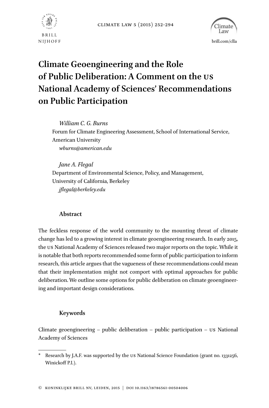 Climate Geoengineering and the Role of Public Deliberation: a Comment on the Us National Academy of Sciences’ Recommendations on Public Participation