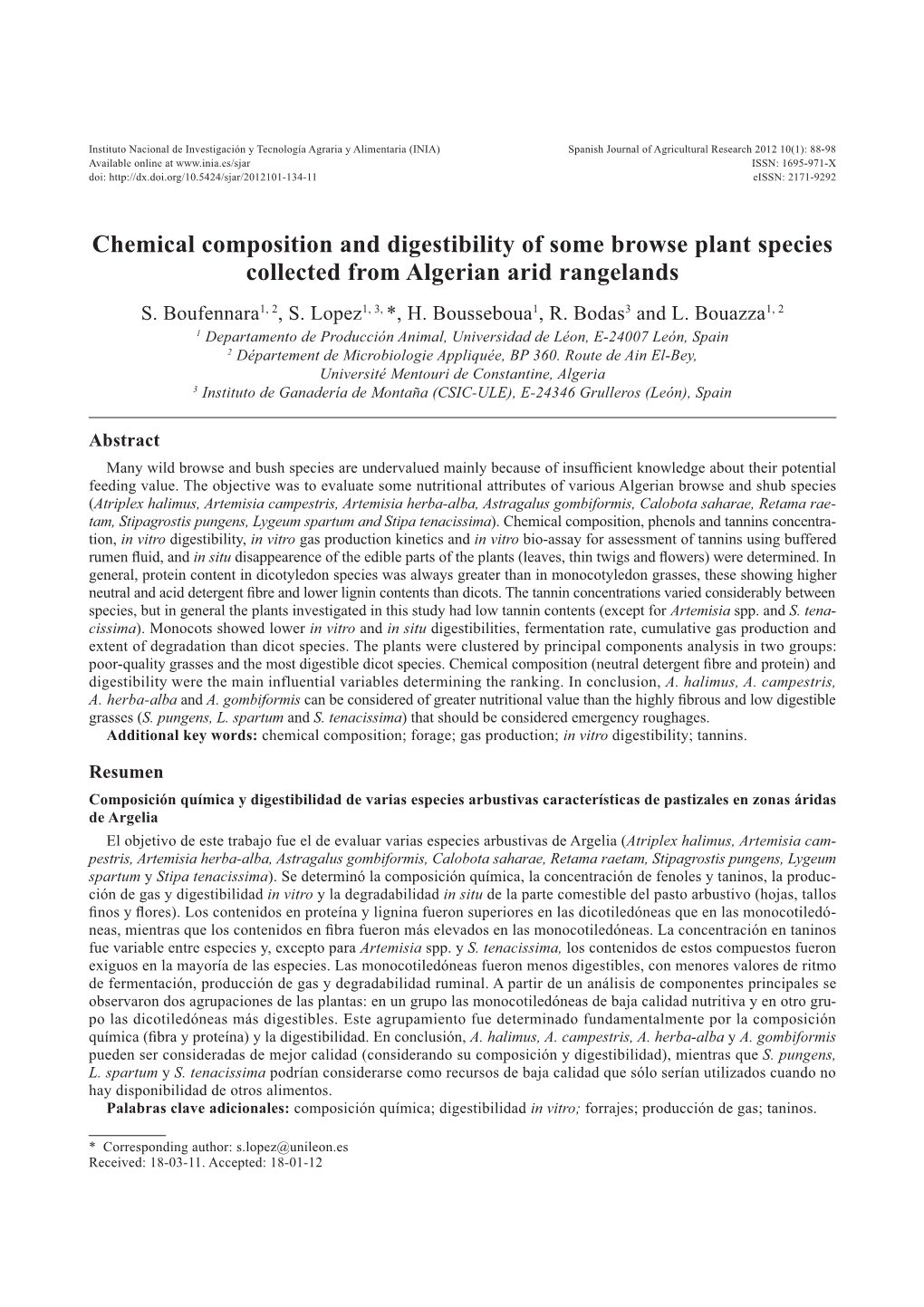 Chemical Composition and Digestibility of Some Browse Plant Species Collected from Algerian Arid Rangelands S