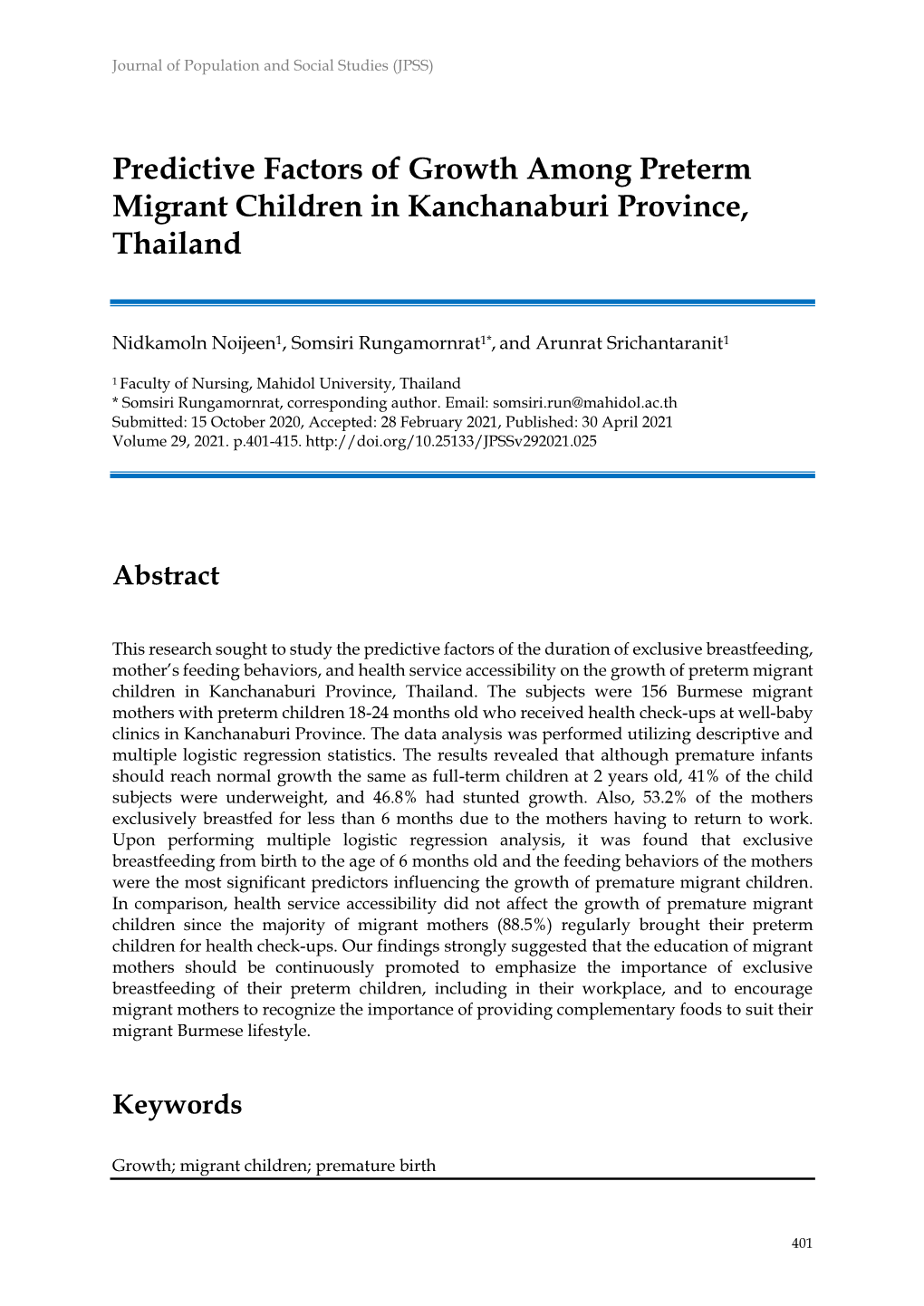 Predictive Factors of Growth Among Preterm Migrant Children in Kanchanaburi Province, Thailand