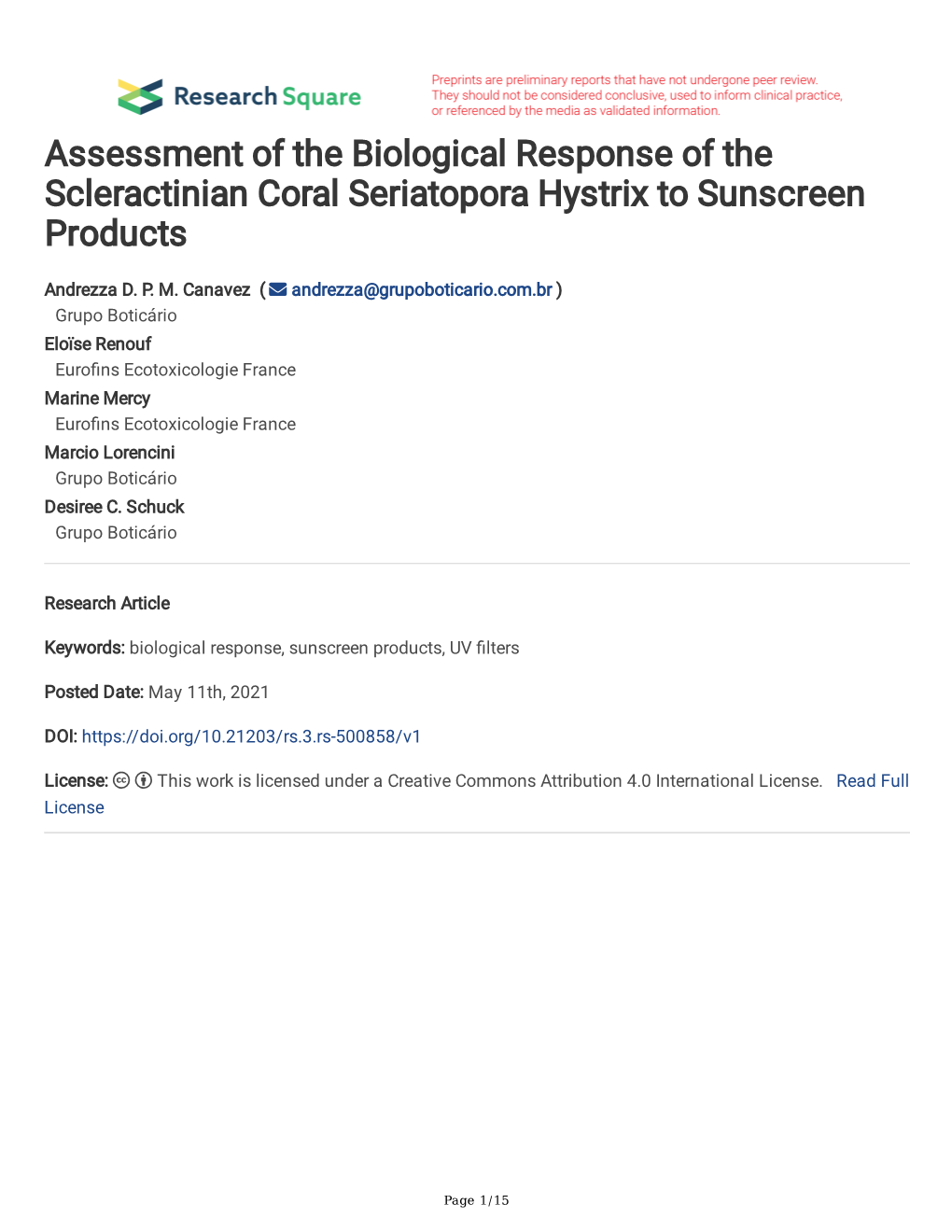 Assessment of the Biological Response of the Scleractinian Coral Seriatopora Hystrix to Sunscreen Products