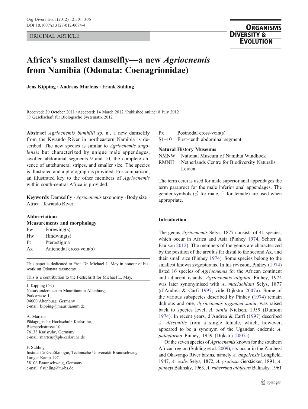 Africa's Smallest Damselfly—A New Agriocnemis from Namibia