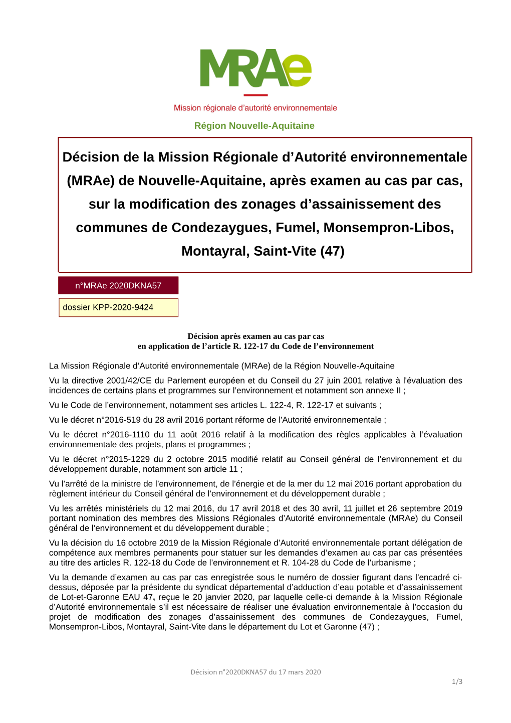 Décision De La Mission Régionale D'autorité Environnementale (Mrae