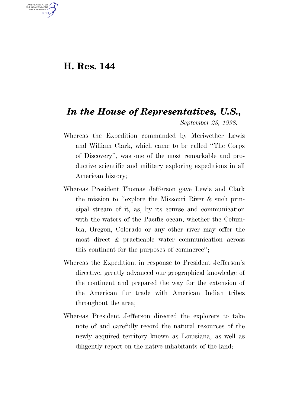 H. Res. 144 in the House of Representatives, U.S
