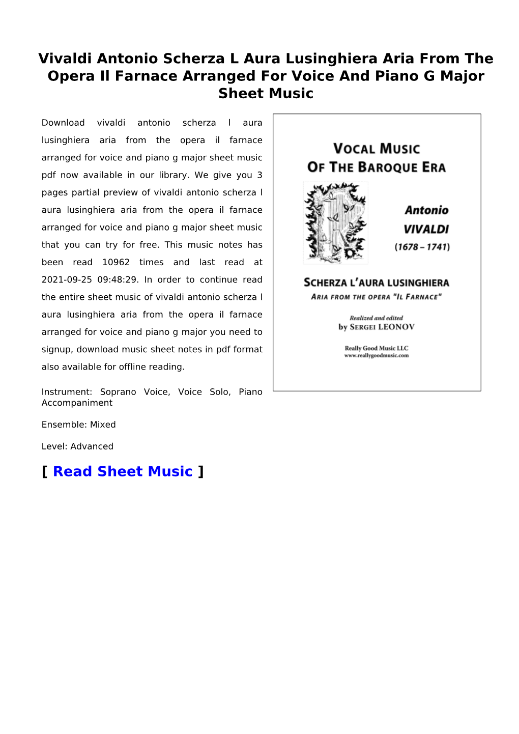 Vivaldi Antonio Scherza L Aura Lusinghiera Aria from the Opera Il Farnace Arranged for Voice and Piano G Major Sheet Music