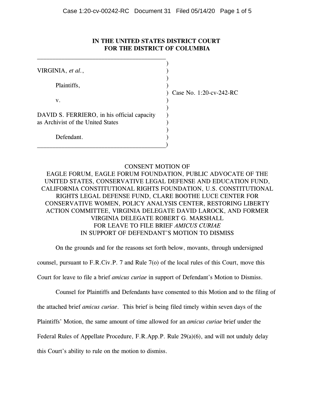 IN the UNITED STATES DISTRICT COURT for the DISTRICT of COLUMBIA ______) VIRGINIA, Et Al., ) ) Plaintiffs, ) ) Case No