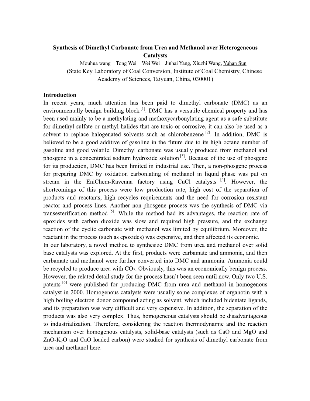 Synthesis of Dimethyl Carbonate from Urea and Methanol Over