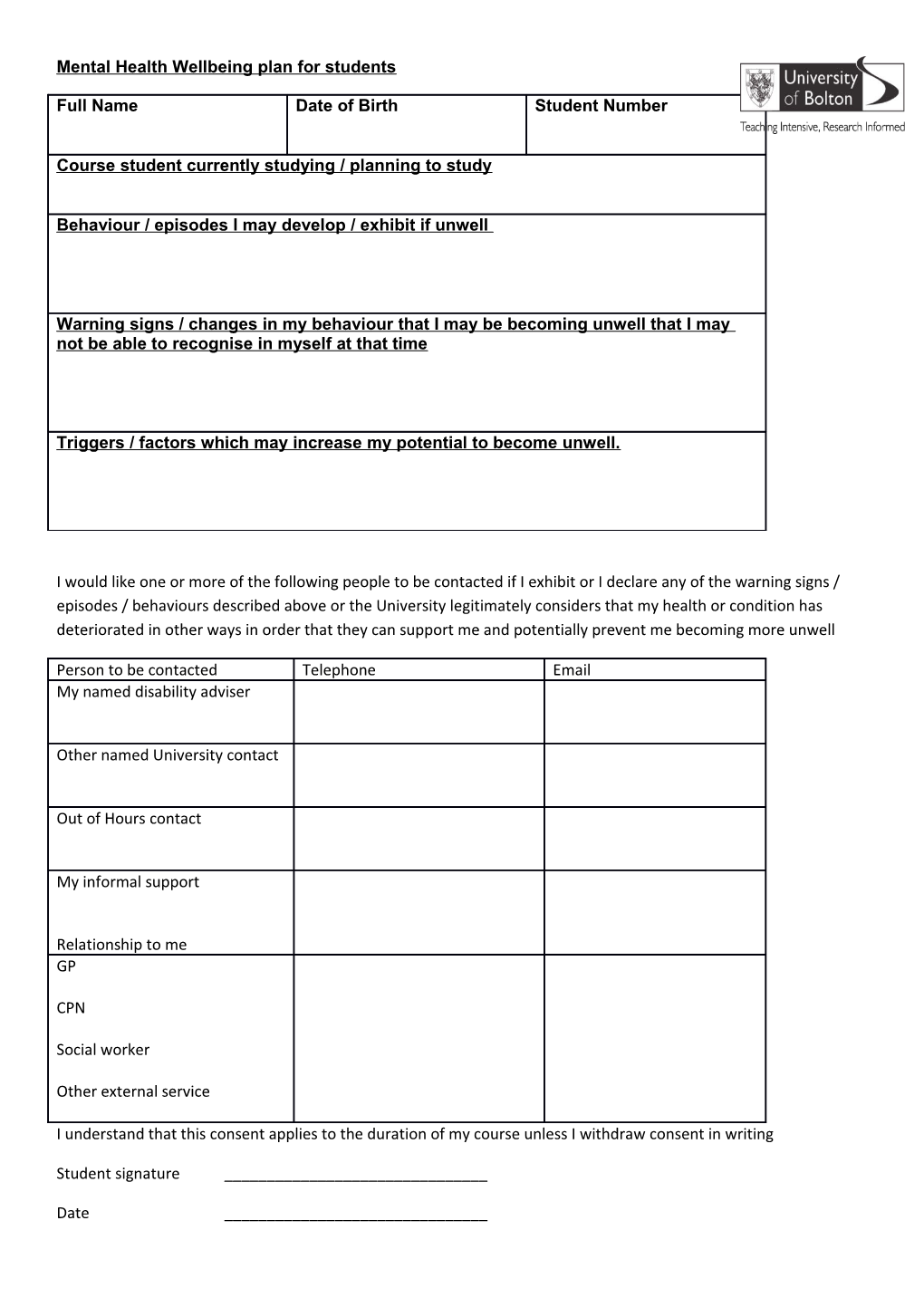 Mental Health Wellbeing Intervention Plan for Students 2017-18