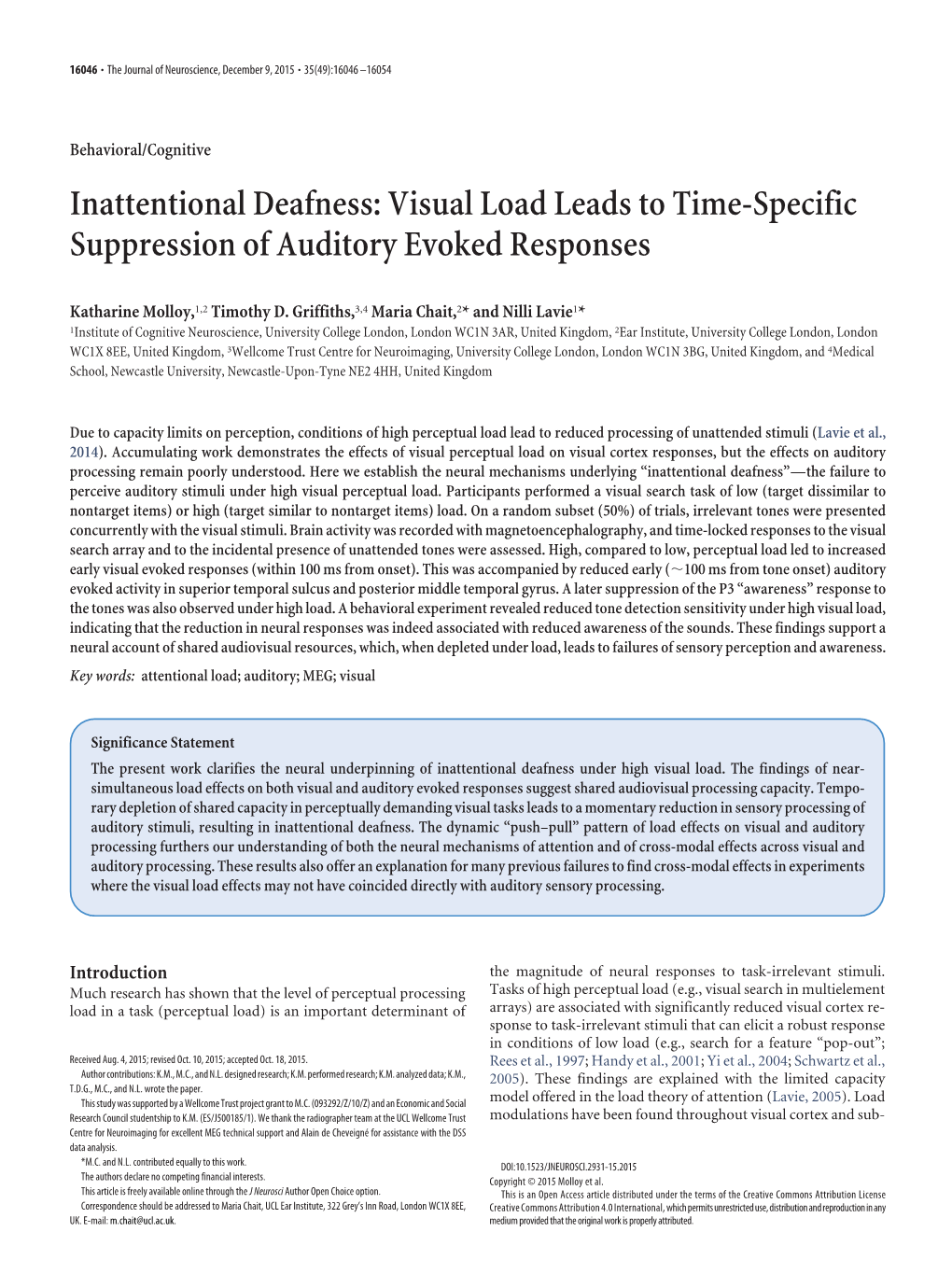 Visual Load Leads to Time-Specific Suppression of Auditory Evoked Responses