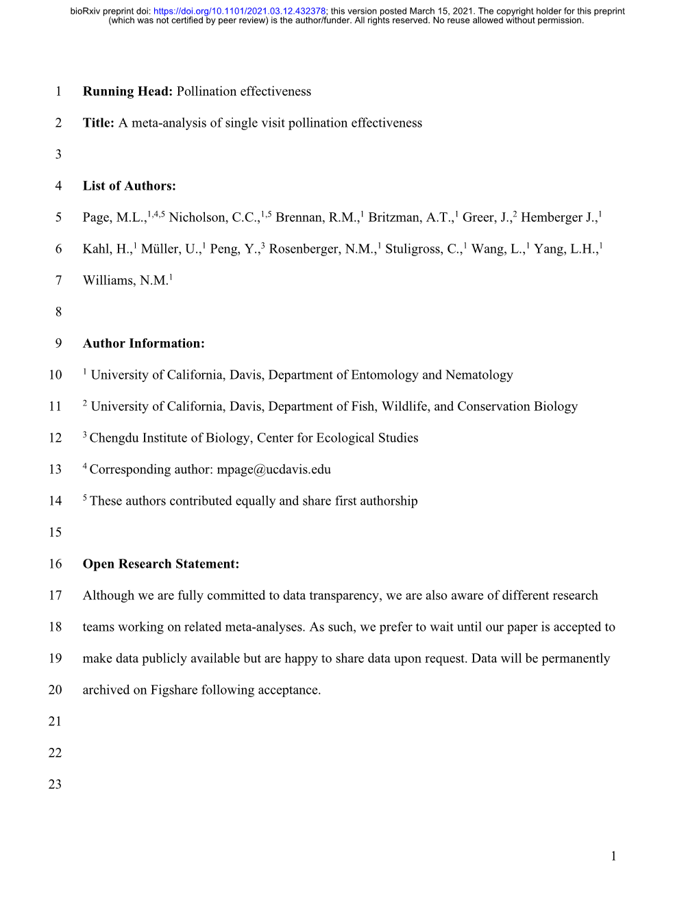 A Meta-Analysis of Single Visit Pollination Effectiveness