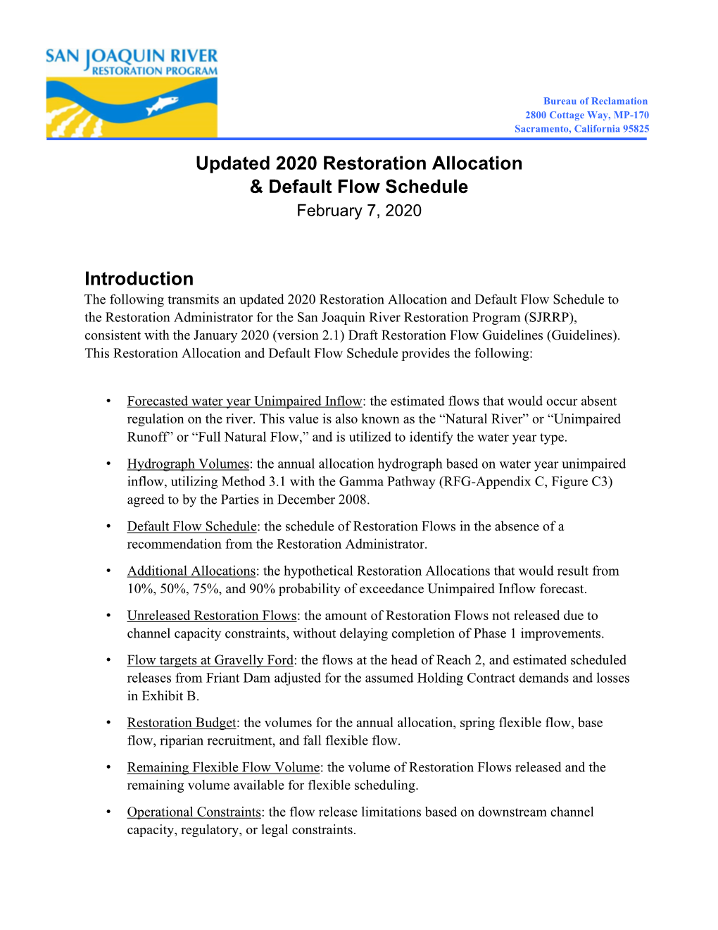 Updated 2020 Restoration Allocation & Default Flow Schedule Introduction