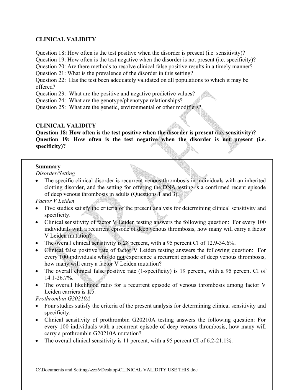 Venous Thrombosis CLINICAL VALIDITY