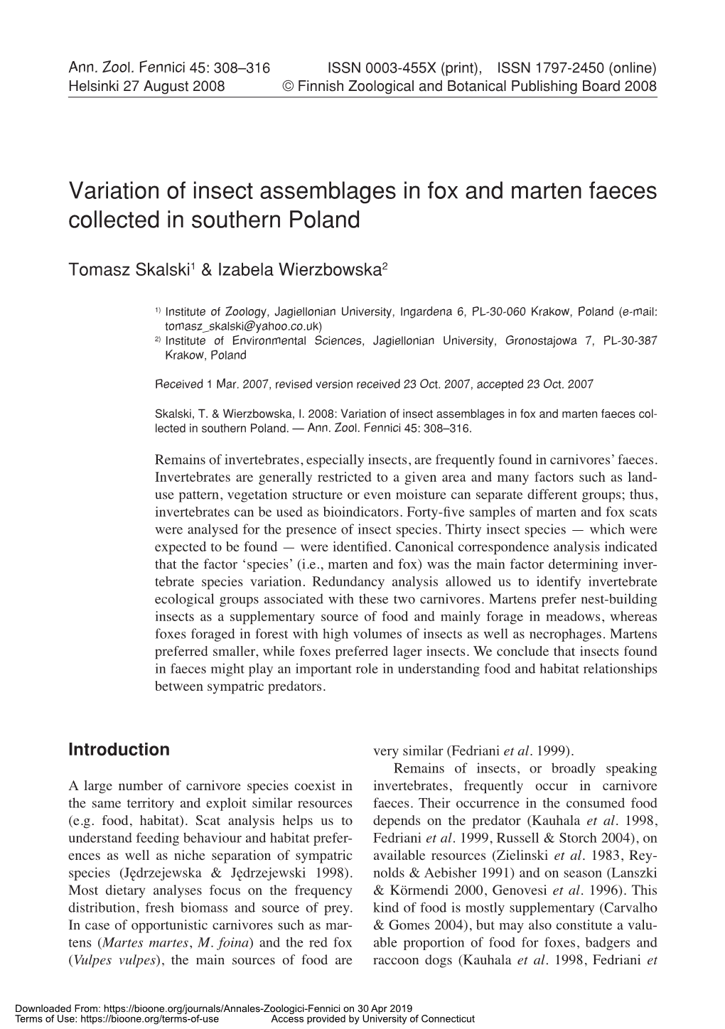 Variation of Insect Assemblages in Fox and Marten Faeces Collected in Southern Poland