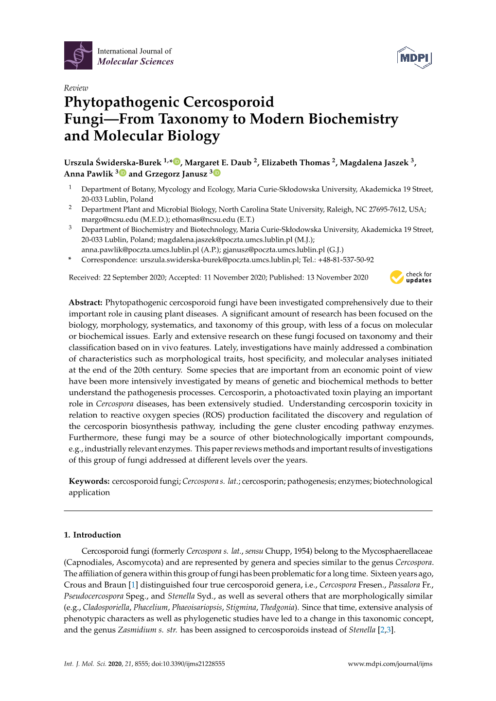 Phytopathogenic Cercosporoid Fungi—From Taxonomy to Modern Biochemistry and Molecular Biology