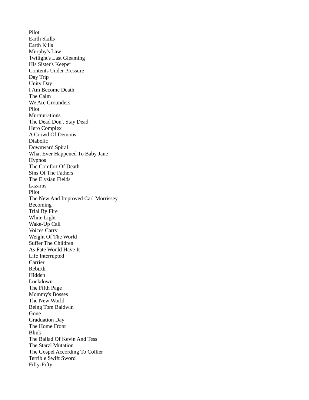 Pilot Earth Skills Earth Kills Murphy's Law Twilight's Last Gleaming His Sister's Keeper Contents Under Pressure Day Trip Unity