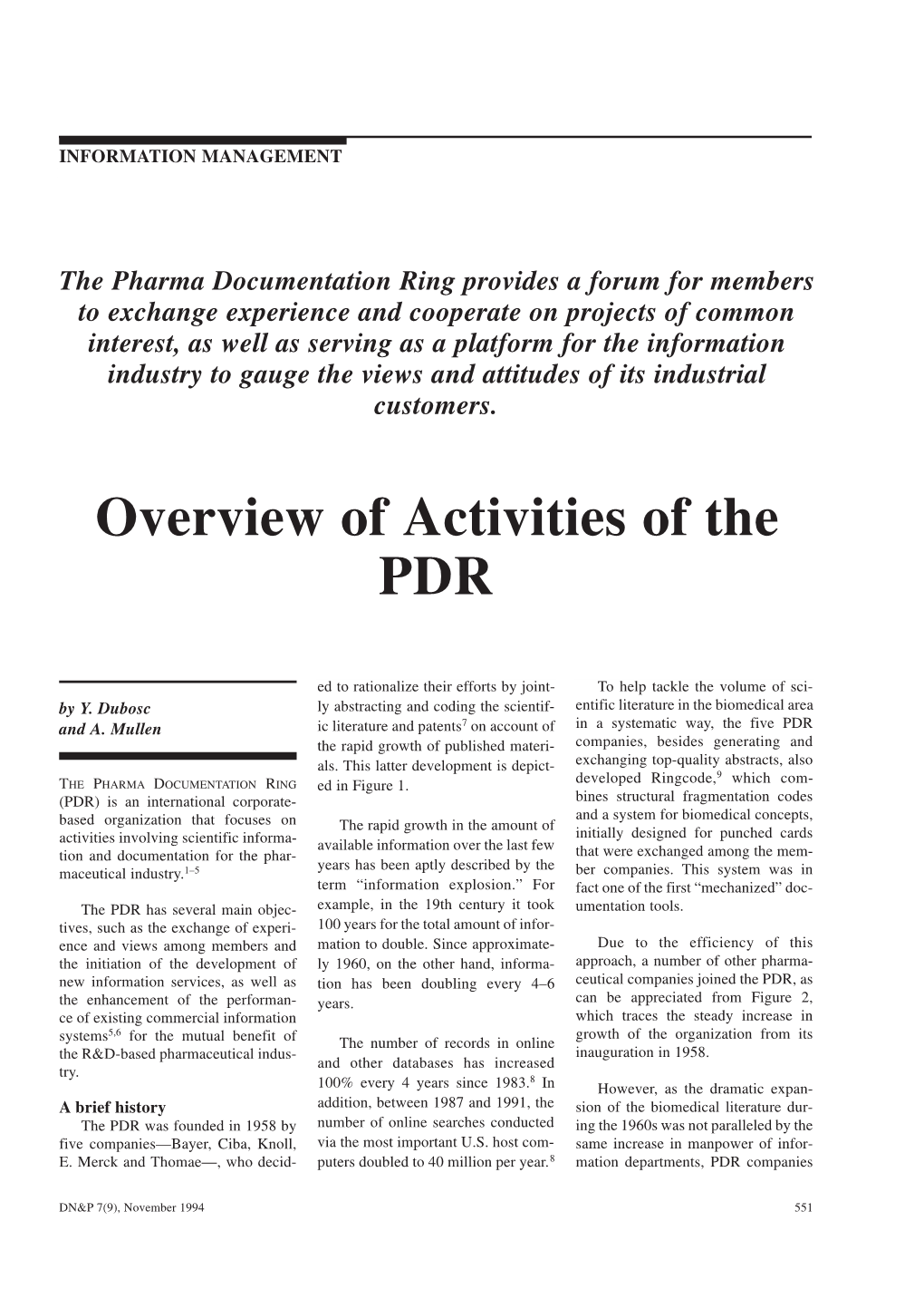 Overview of Activities of the PDR