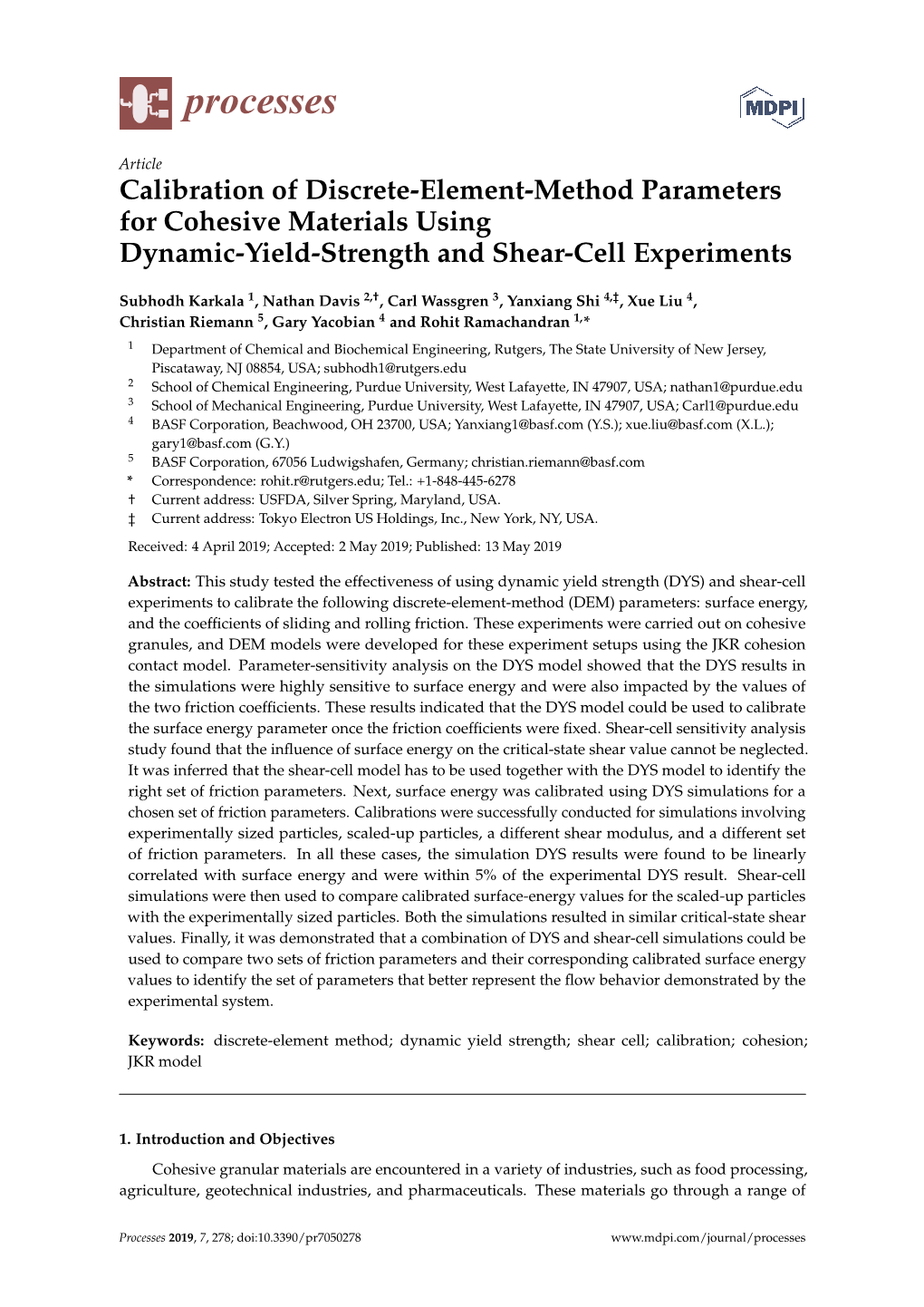 Calibration of Discrete-Element-Method Parameters for Cohesive Materials Using Dynamic-Yield-Strength and Shear-Cell Experiments