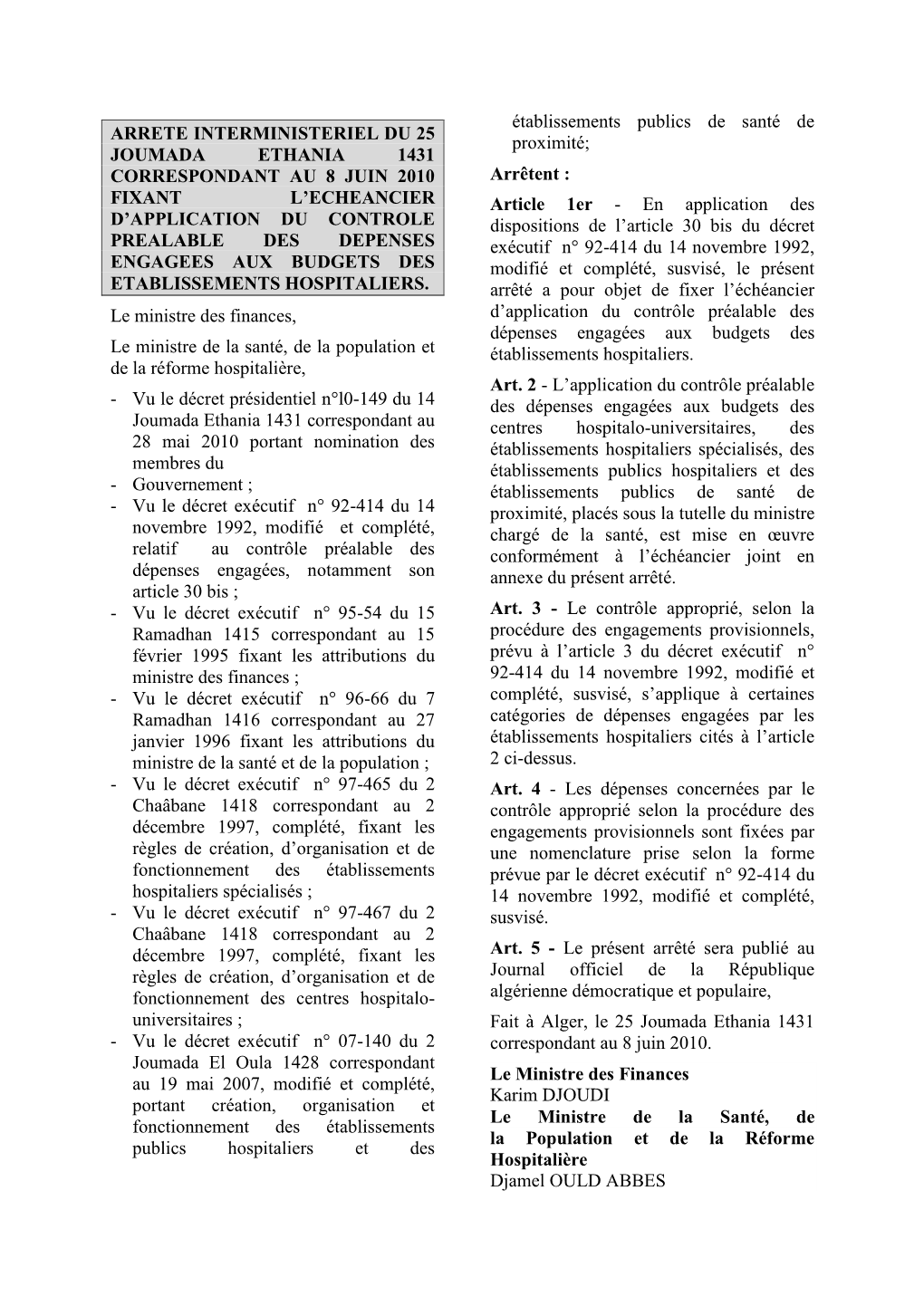 Arrêté Interministériel Du 8 Juin 2010 Fixant L'échéancier D'application Du