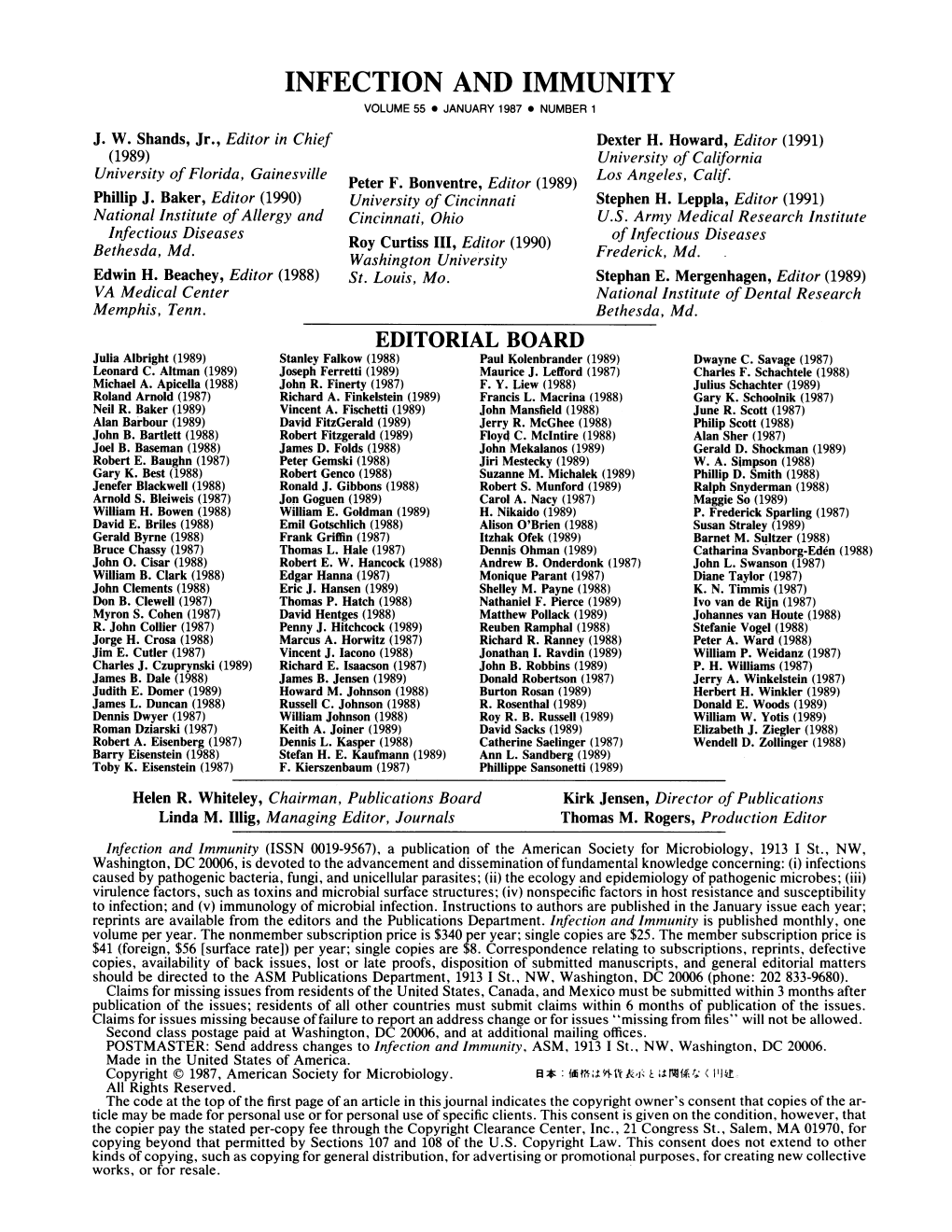 Infection and Immunity Volume 55 * January 1987 Number 1 J