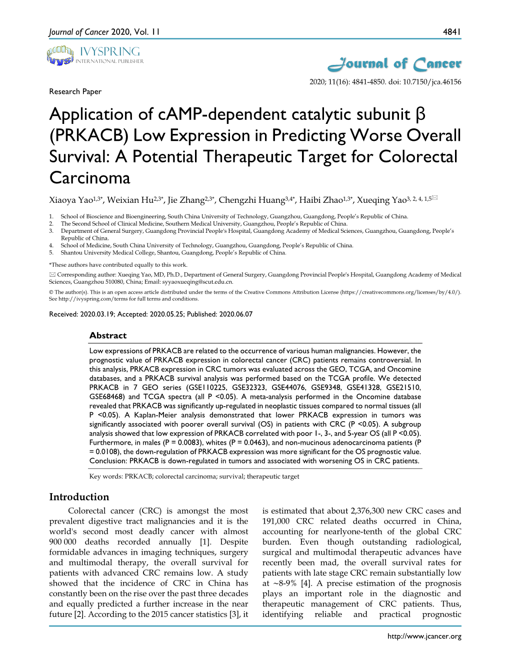 Application of Camp-Dependent Catalytic Subunit Β (PRKACB) Low