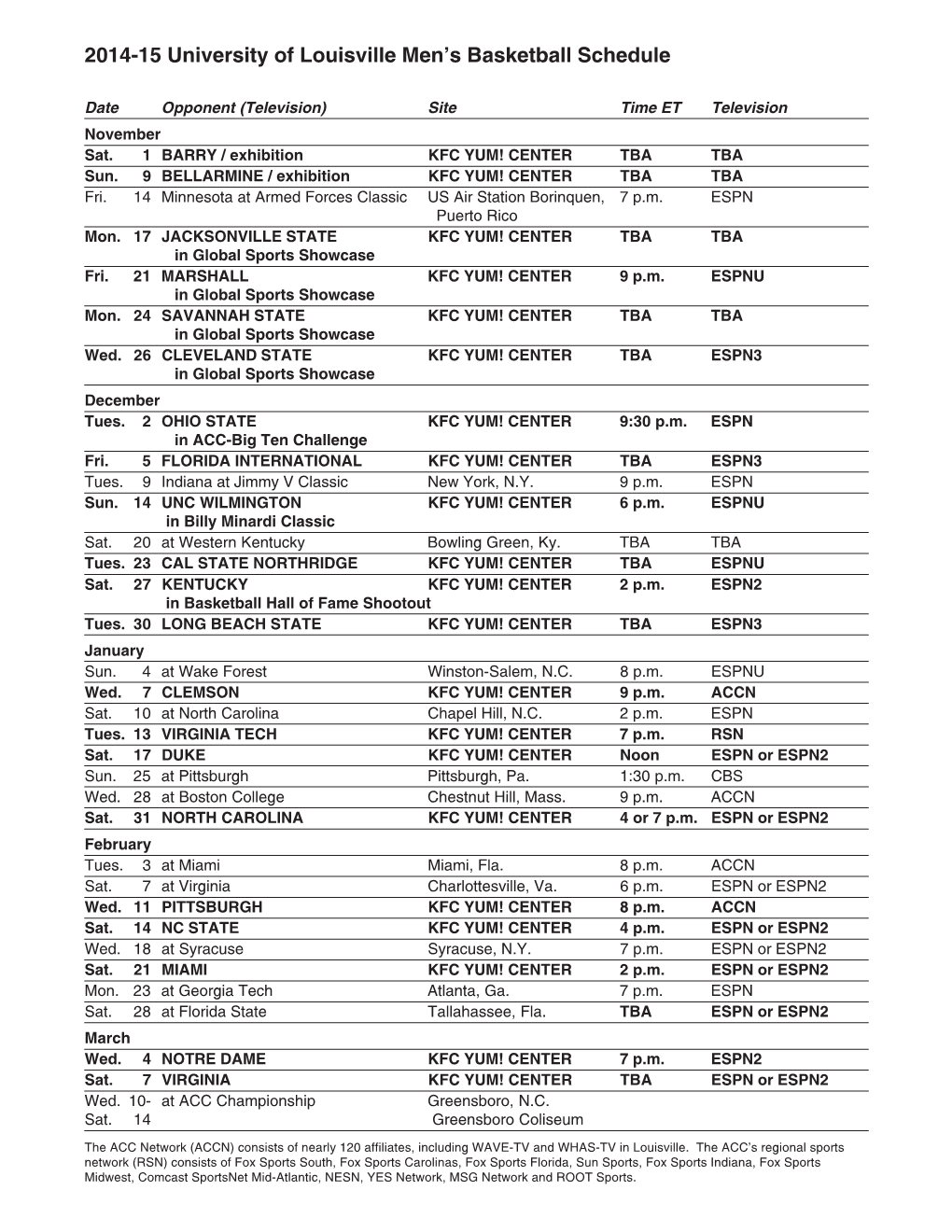 2014-15 Louisville Men's Basketball Schedule