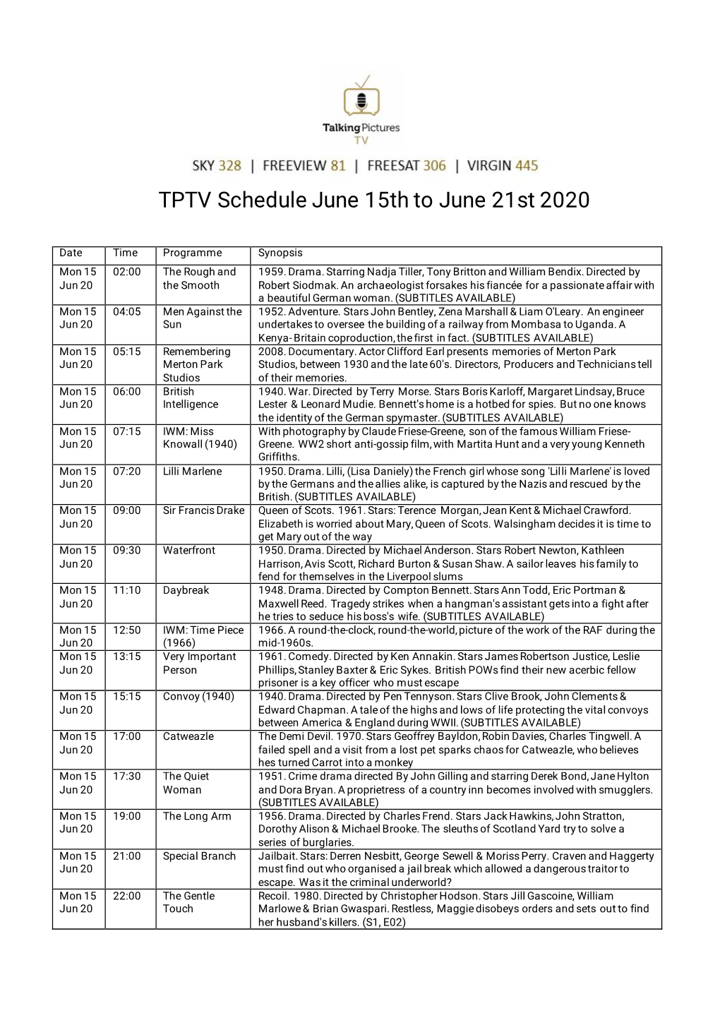 TPTV Schedule June 15Th to June 21St 2020