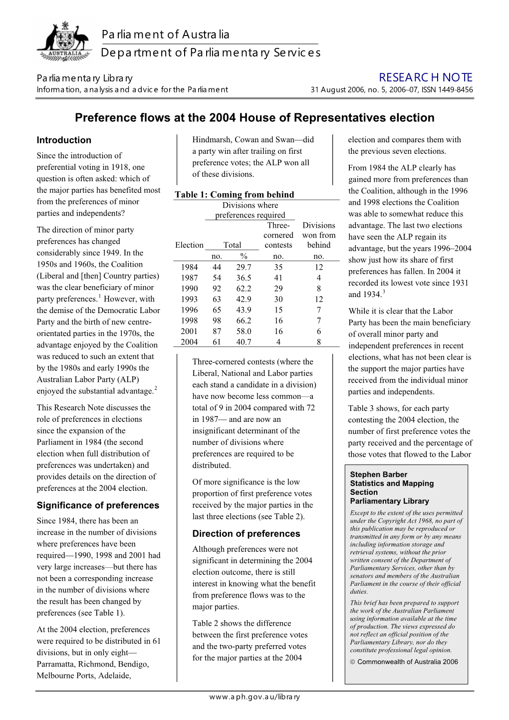 Preference Flows at the 2004 House of Representatives Election