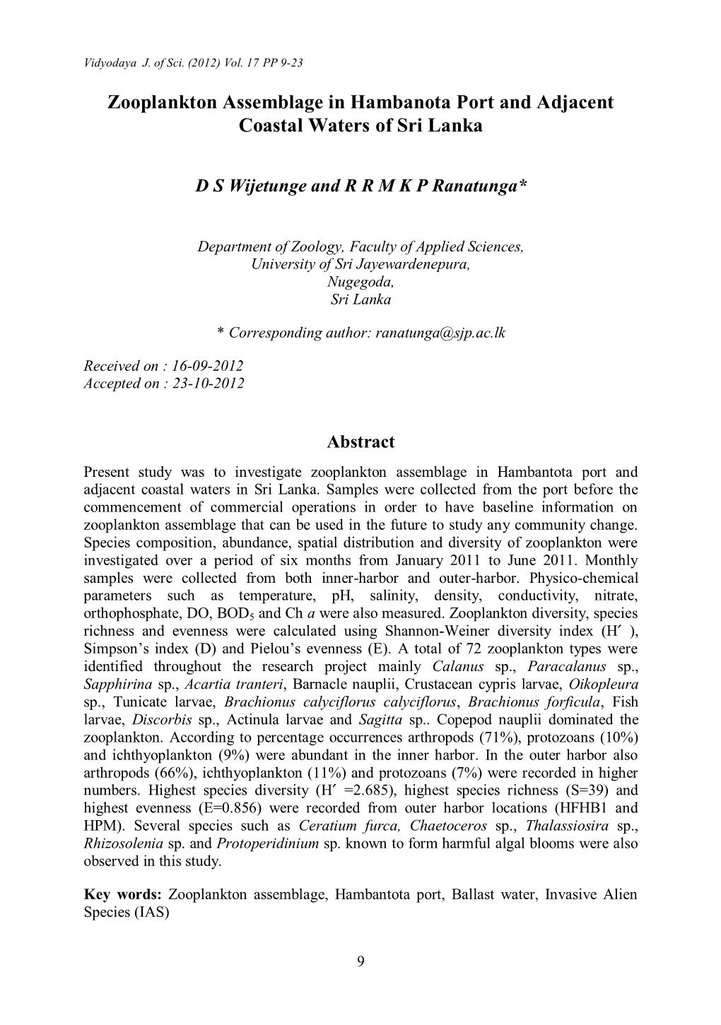 Zooplankton Assemblage in Hambanota Port and Adjacent Coastal Waters of Sri Lanka