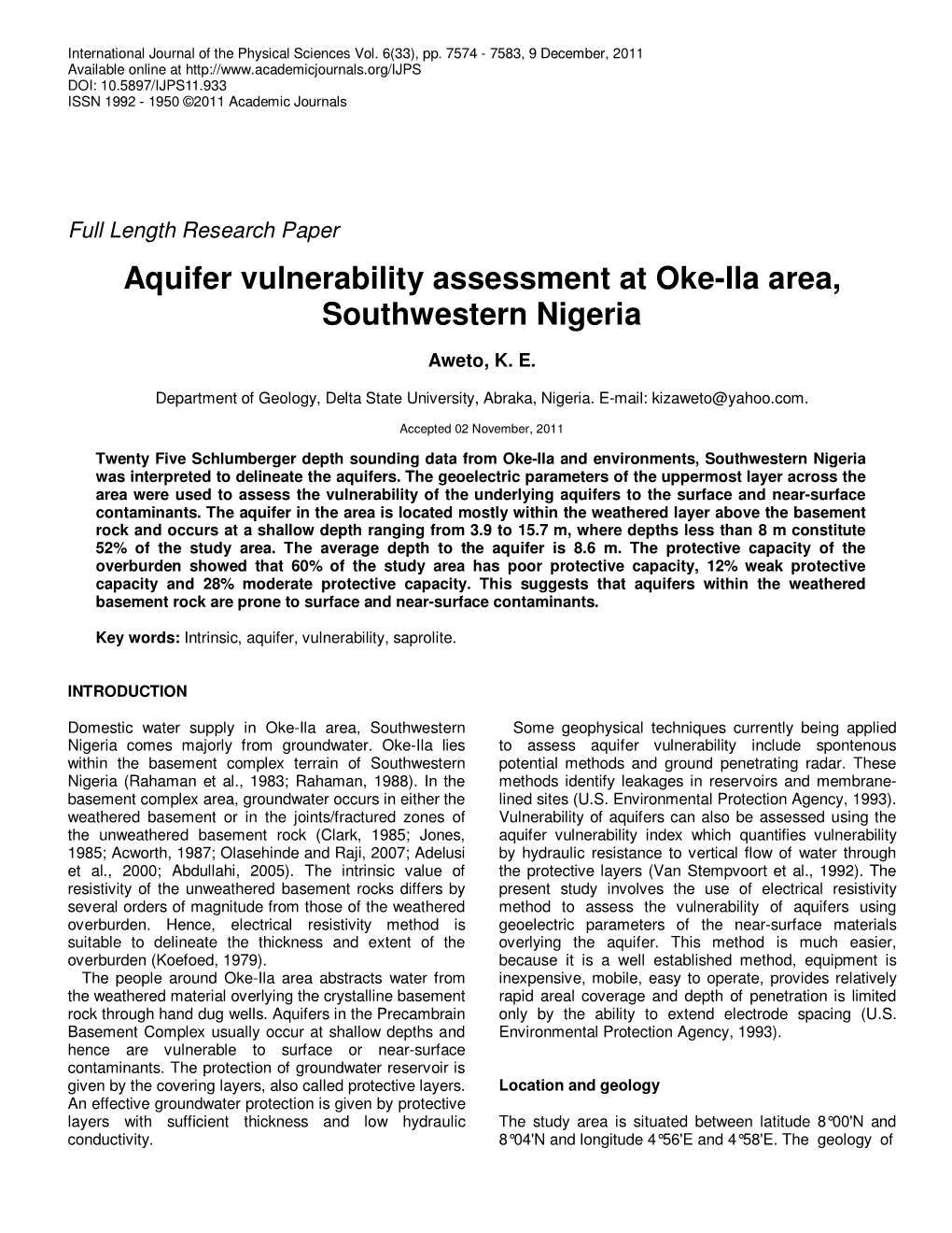 Aquifer Vulnerability Assessment at Oke-Ila Area, Southwestern Nigeria