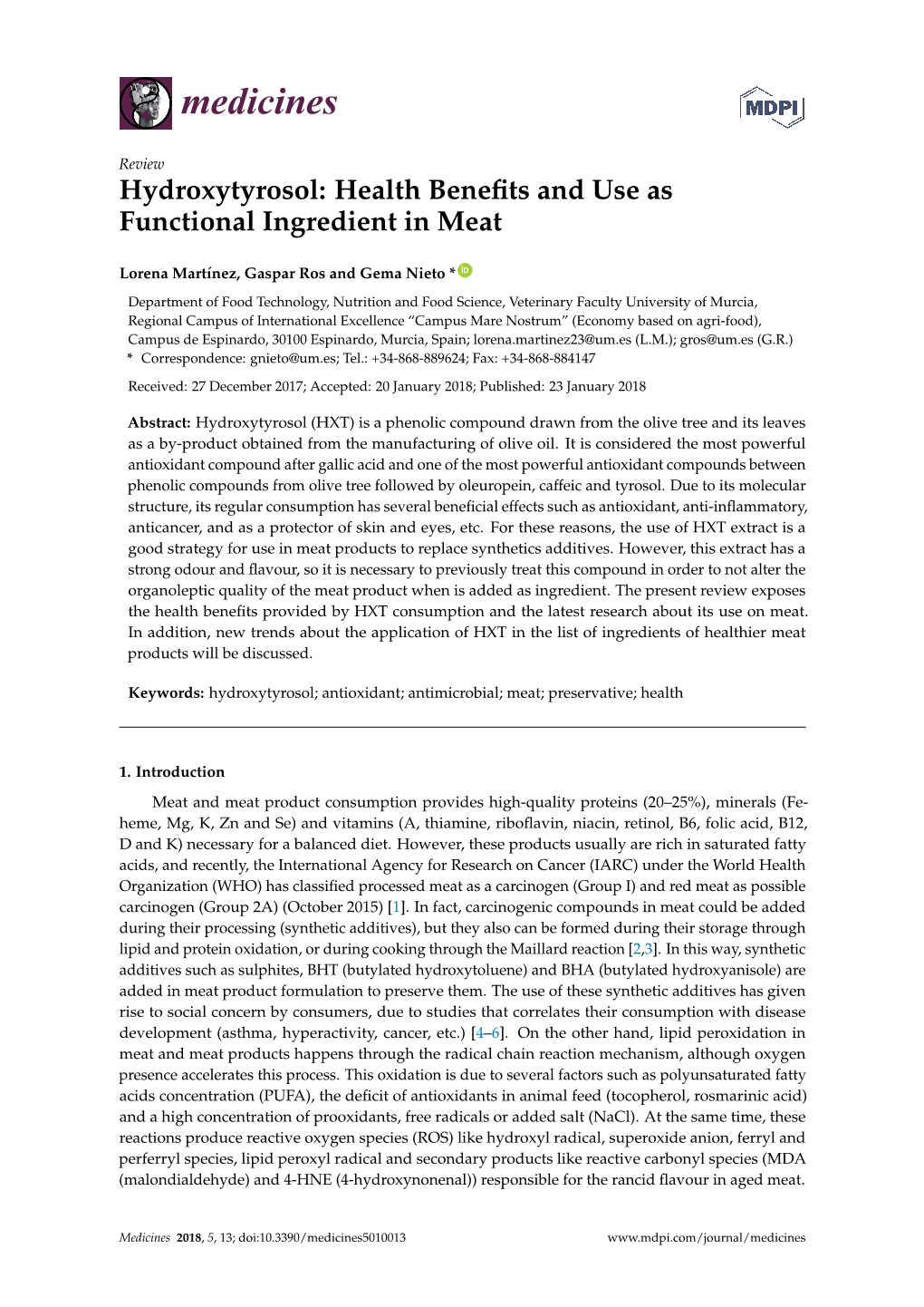 Hydroxytyrosol: Health Beneﬁts and Use As Functional Ingredient in Meat