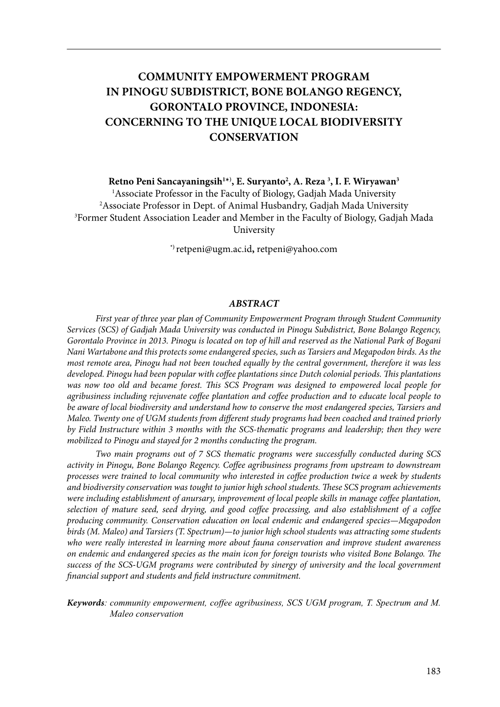 Community Empowerment Program in Pinogu Subdistrict, Bone Bolango Regency, Gorontalo Province, Indonesia: Concerning to the Unique Local Biodiversity Conservation