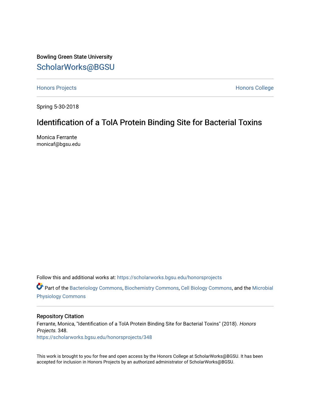 Identification of a Tola Protein Binding Site for Bacterial Toxins