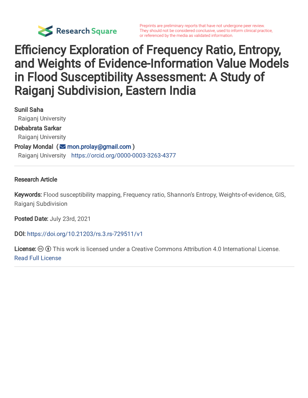 E Ciency Exploration of Frequency Ratio, Entropy, and Weights Of