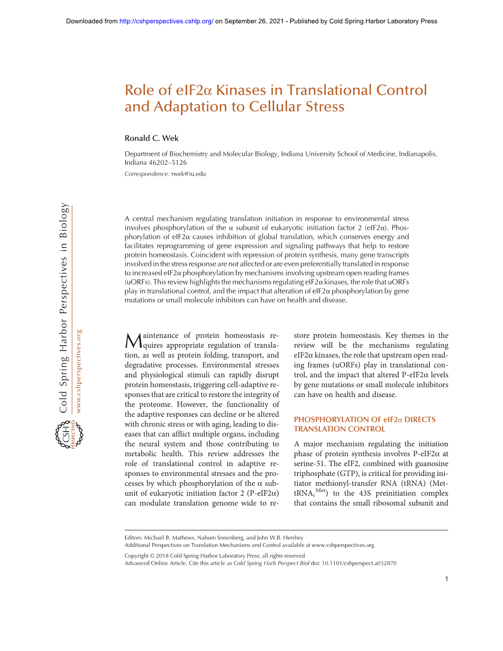 Role of Eif2α Kinases in Translational Control and Adaptation to Cellular Stress