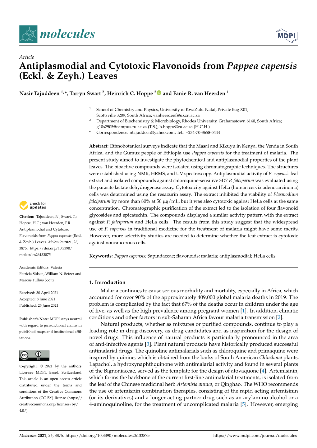 Antiplasmodial and Cytotoxic Flavonoids from Pappea Capensis (Eckl