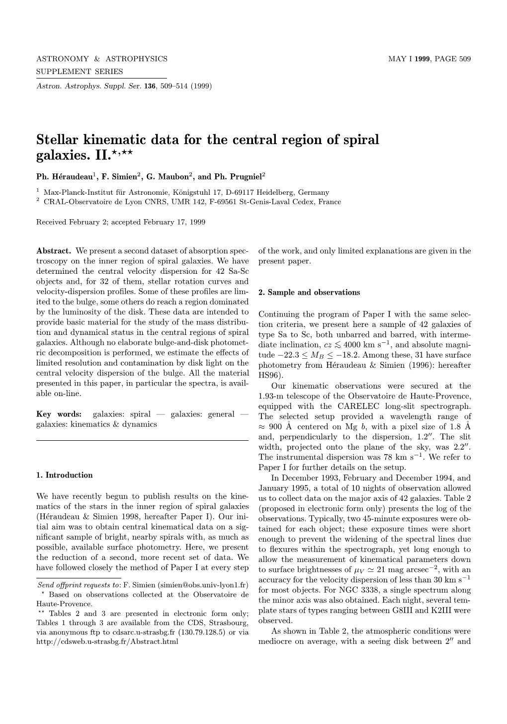 Stellar Kinematic Data for the Central Region of Spiral Galaxies. II.?,??