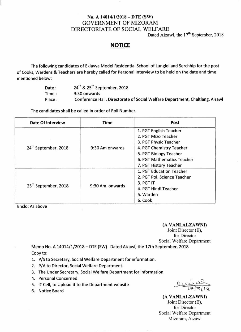 Notice for EMRS Lunglei & Serchhip Personal Interview