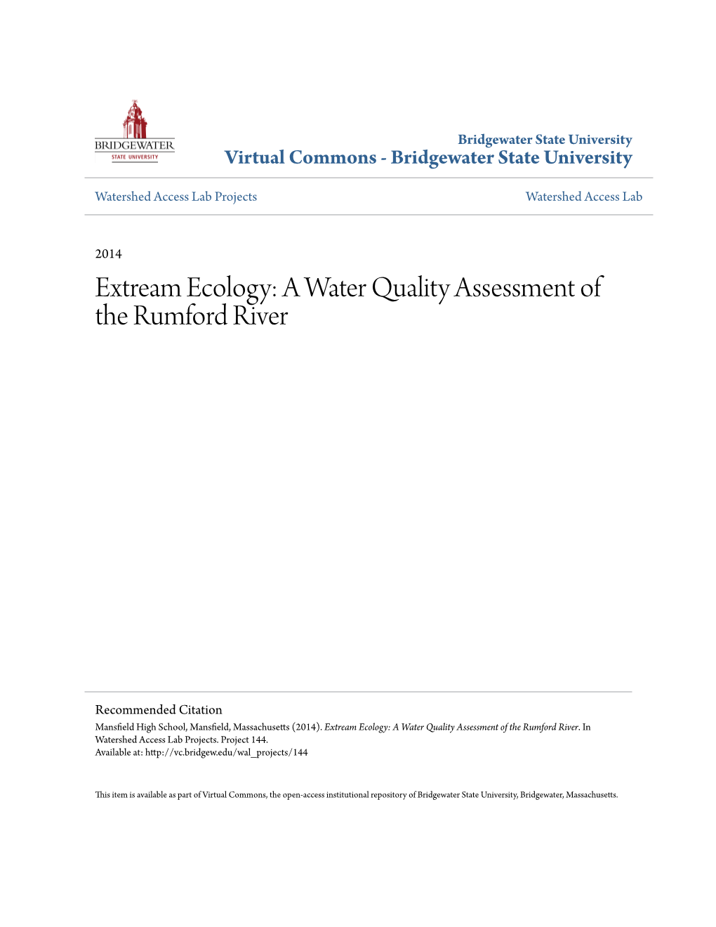 A Water Quality Assessment of the Rumford River