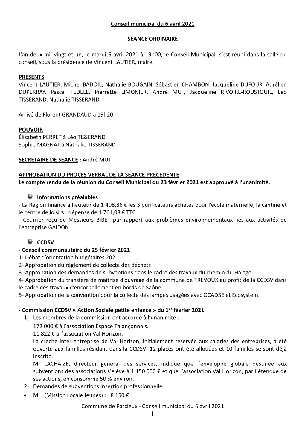 Commune De Parcieux - Conseil Municipal Du 6 Avril 2021 1