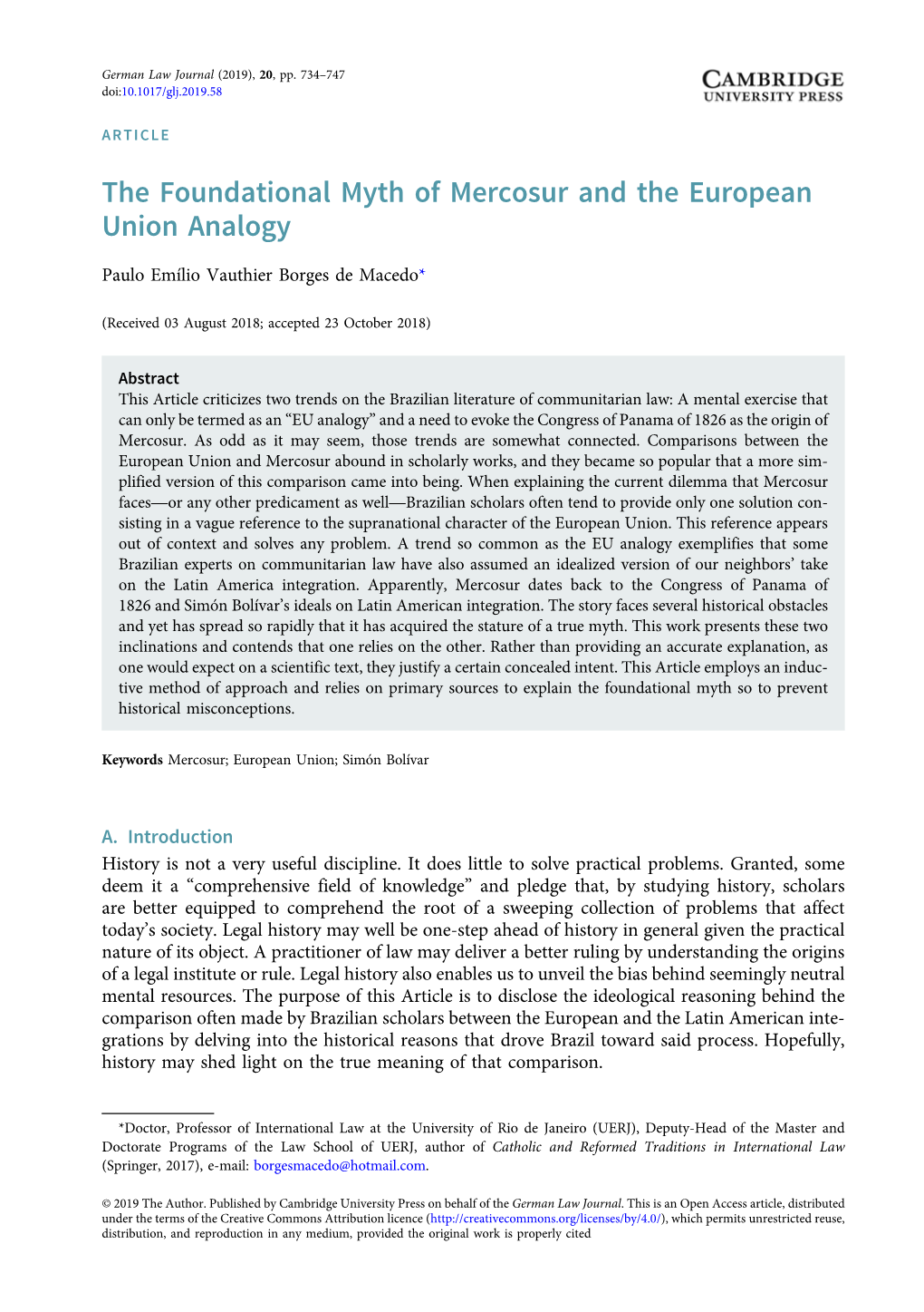 The Foundational Myth of Mercosur and the European Union Analogy