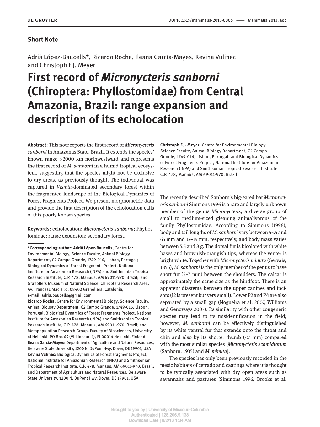 First Record of Micronycteris Sanborni (Chiroptera: Phyllostomidae) from Central Amazonia, Brazil: Range Expansion and Description of Its Echolocation