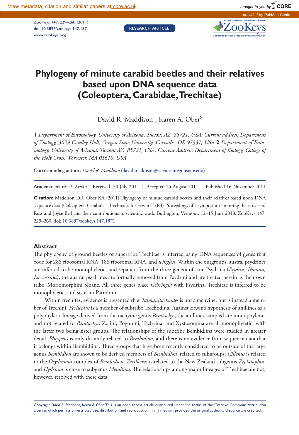 Phylogeny of Minute Carabid Beetles and Their Relatives Based Upon DNA Sequence Data (Coleoptera, Carabidae, Trechitae)